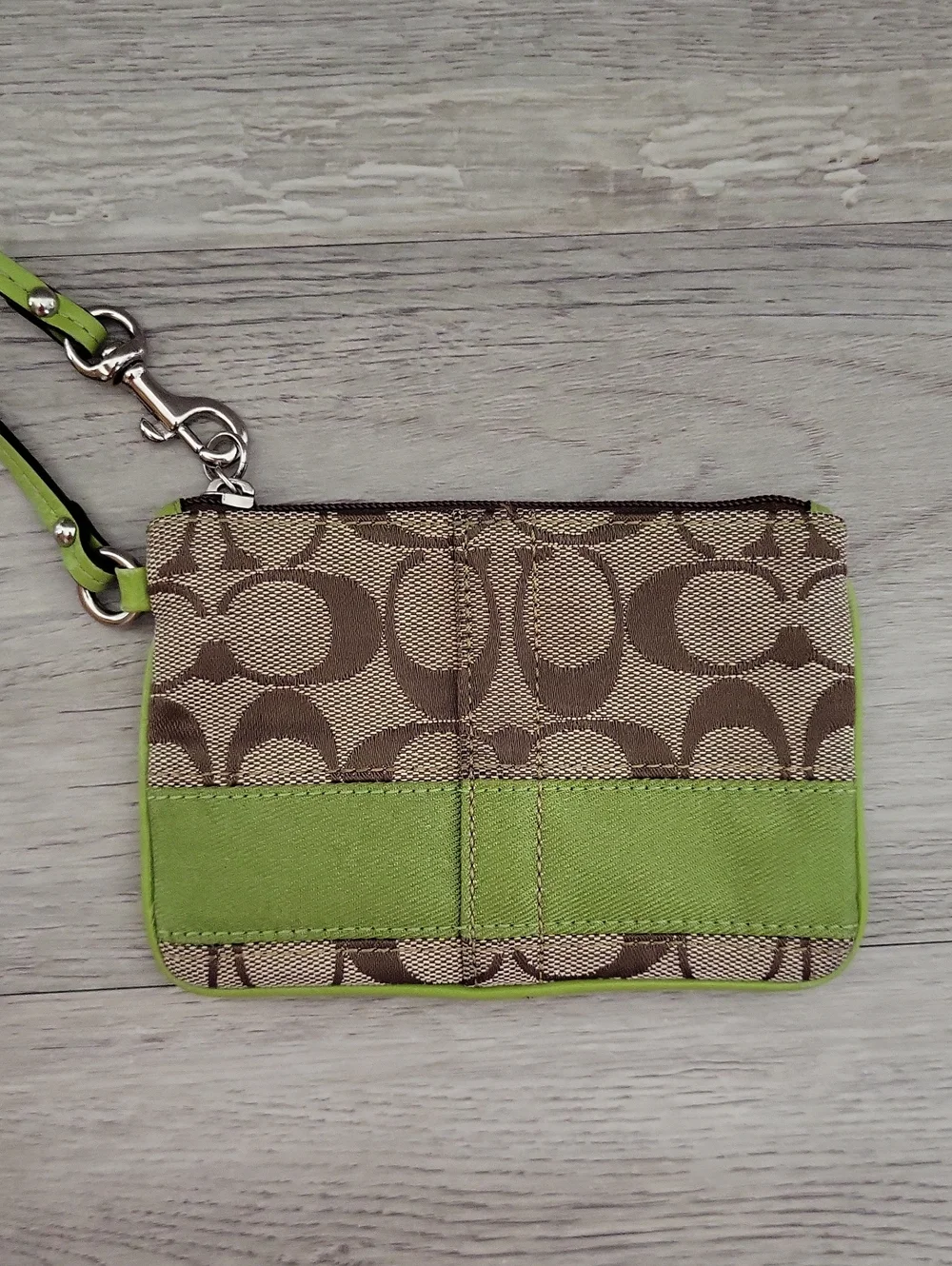 Coach Signature Wristlet Lime Green Trim Khaki Jacquard Wrist Strap Mini Pouch